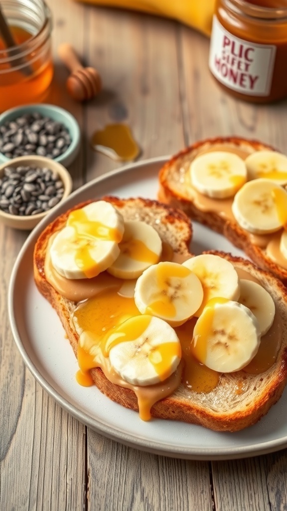 Peanut butter toast with banana slices and honey on a rustic plate.